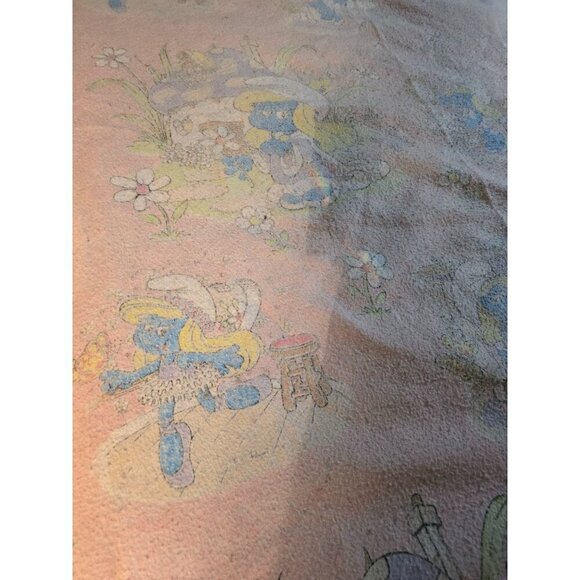 Vintage 80s The Smurfs Cartoon Pink Blanket Smurfette - Picture 4 of 12